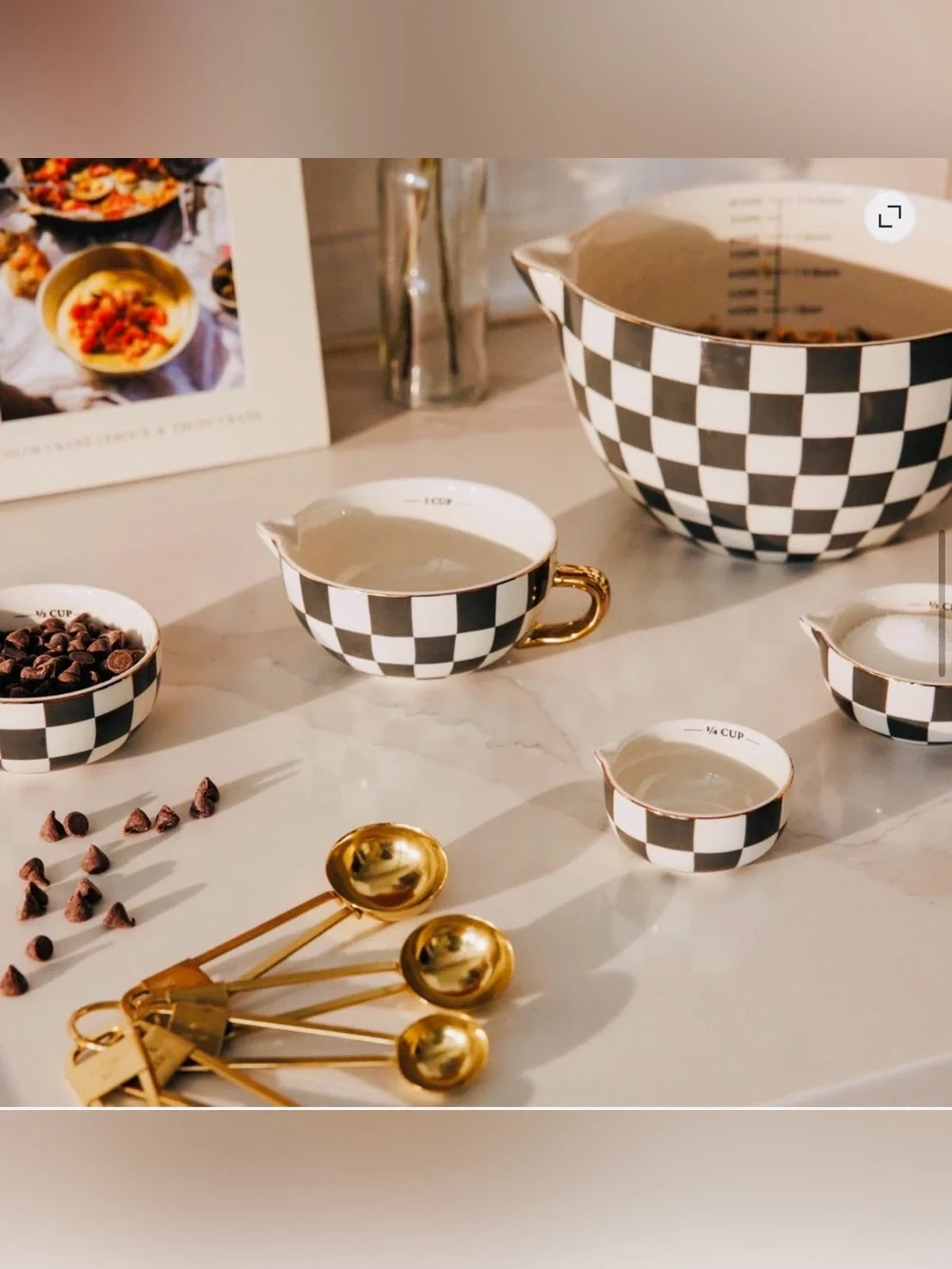 Thyme & Table 5-Piece Ceramic Mixing Bowl and Measuring Set - Black Checkered